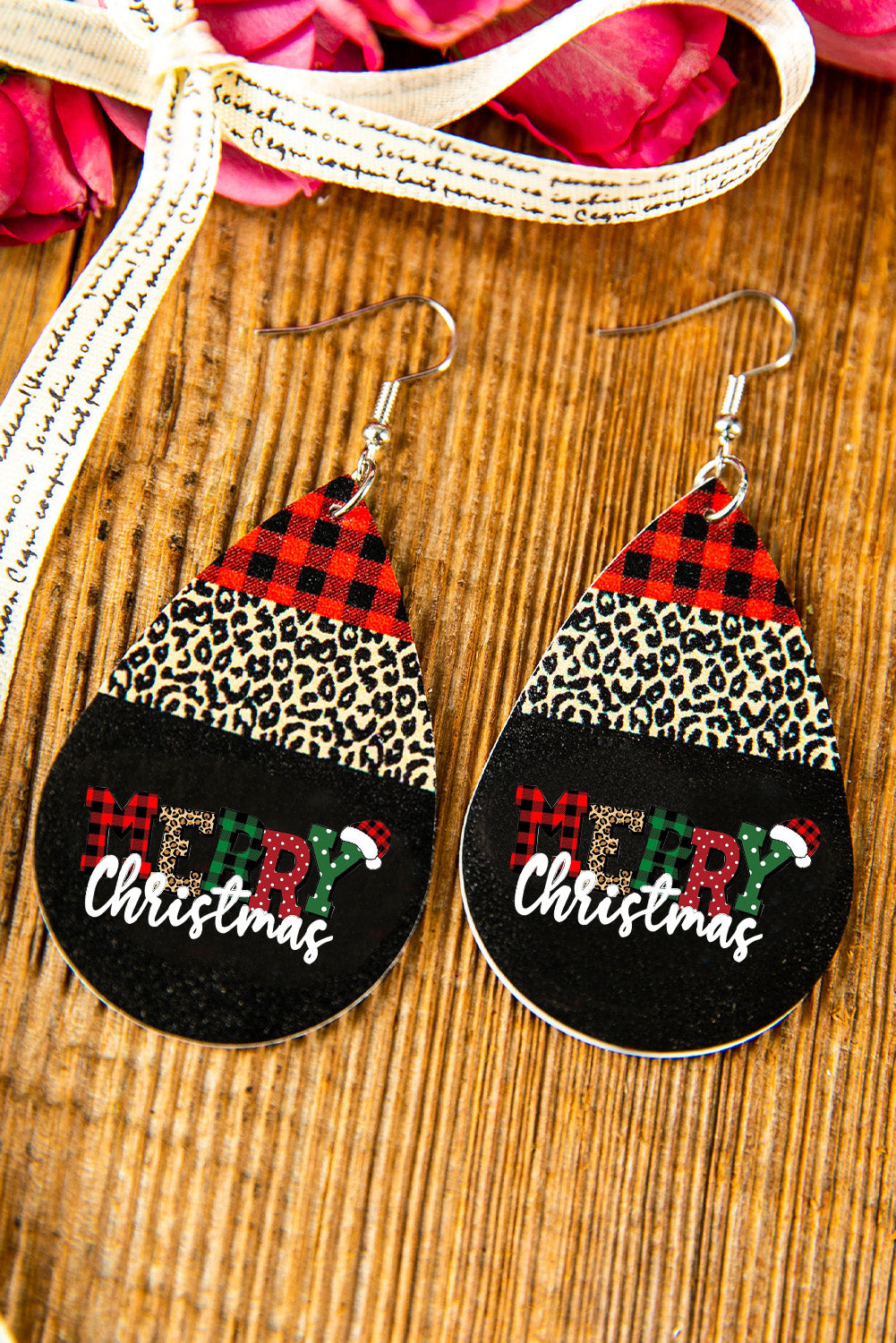 Black Merry Christmas Leopard Plaid Drop Earrings Jewelry JT's Designer Fashion