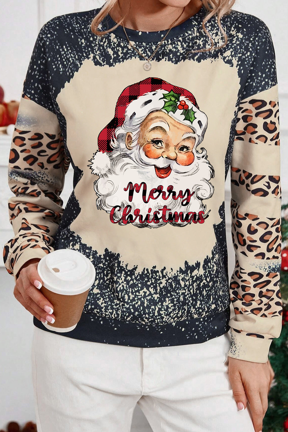 Black Christmas Santa Claus Leopard Print Bleached Sweatshirt Black 95%Polyester+5%Elastane Graphic Sweatshirts JT's Designer Fashion