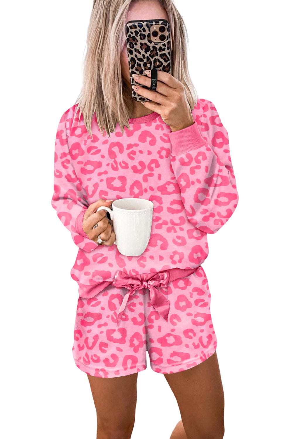 Barbie Style Pink Leopard Long Sleeve Satin Tie Shorts Two Piece Set Loungewear JT's Designer Fashion