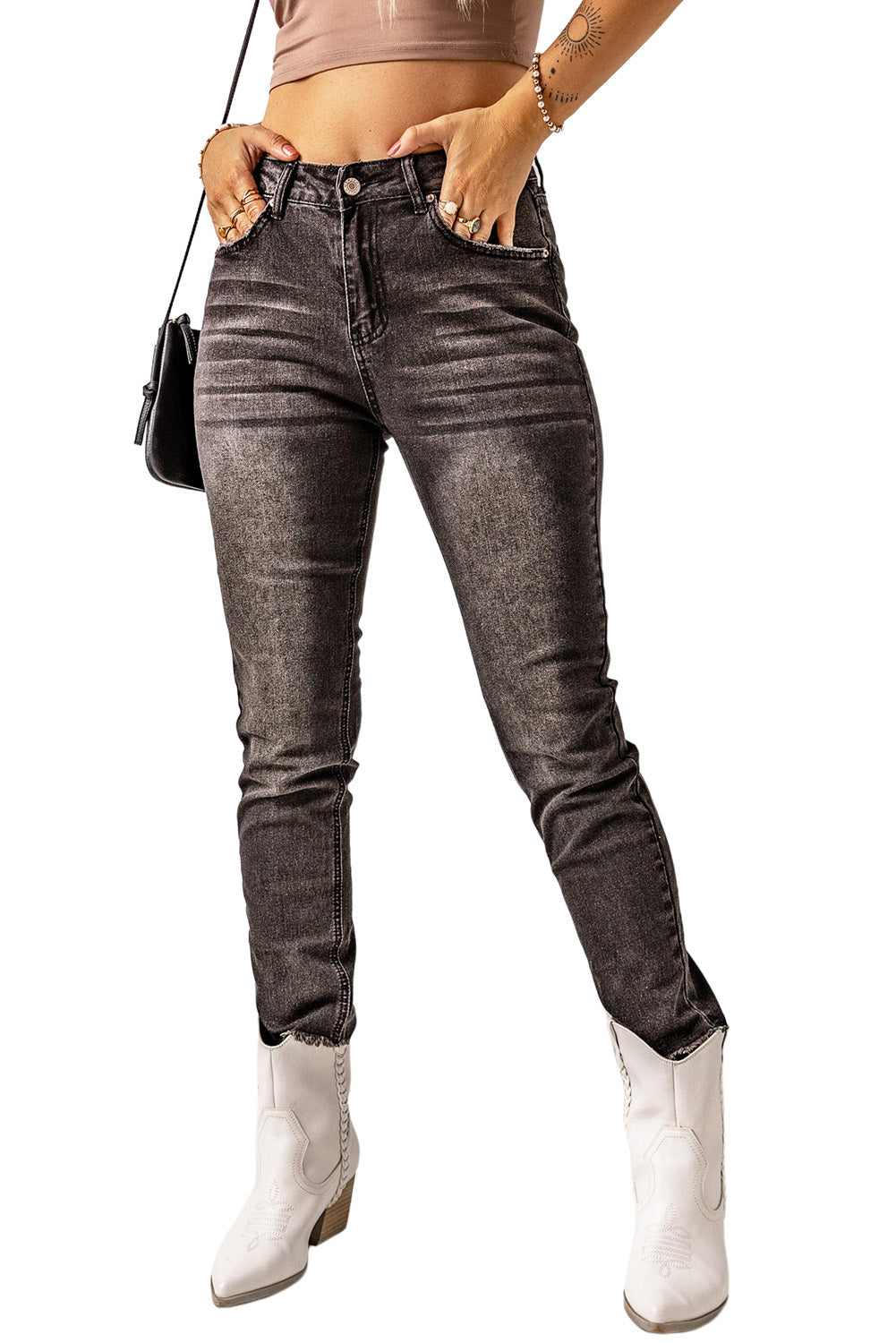 Black High Waist Ankle-Length Skinny Jeans Jeans JT's Designer Fashion