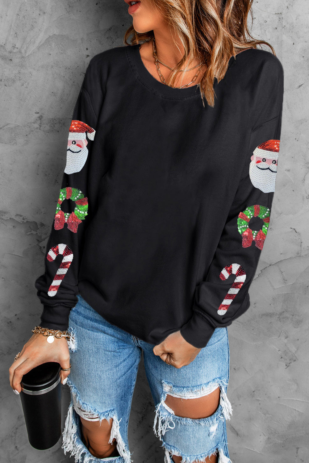 Black Christmas Pattern Sequined Crewneck Sweatshirt Graphic Sweatshirts JT's Designer Fashion