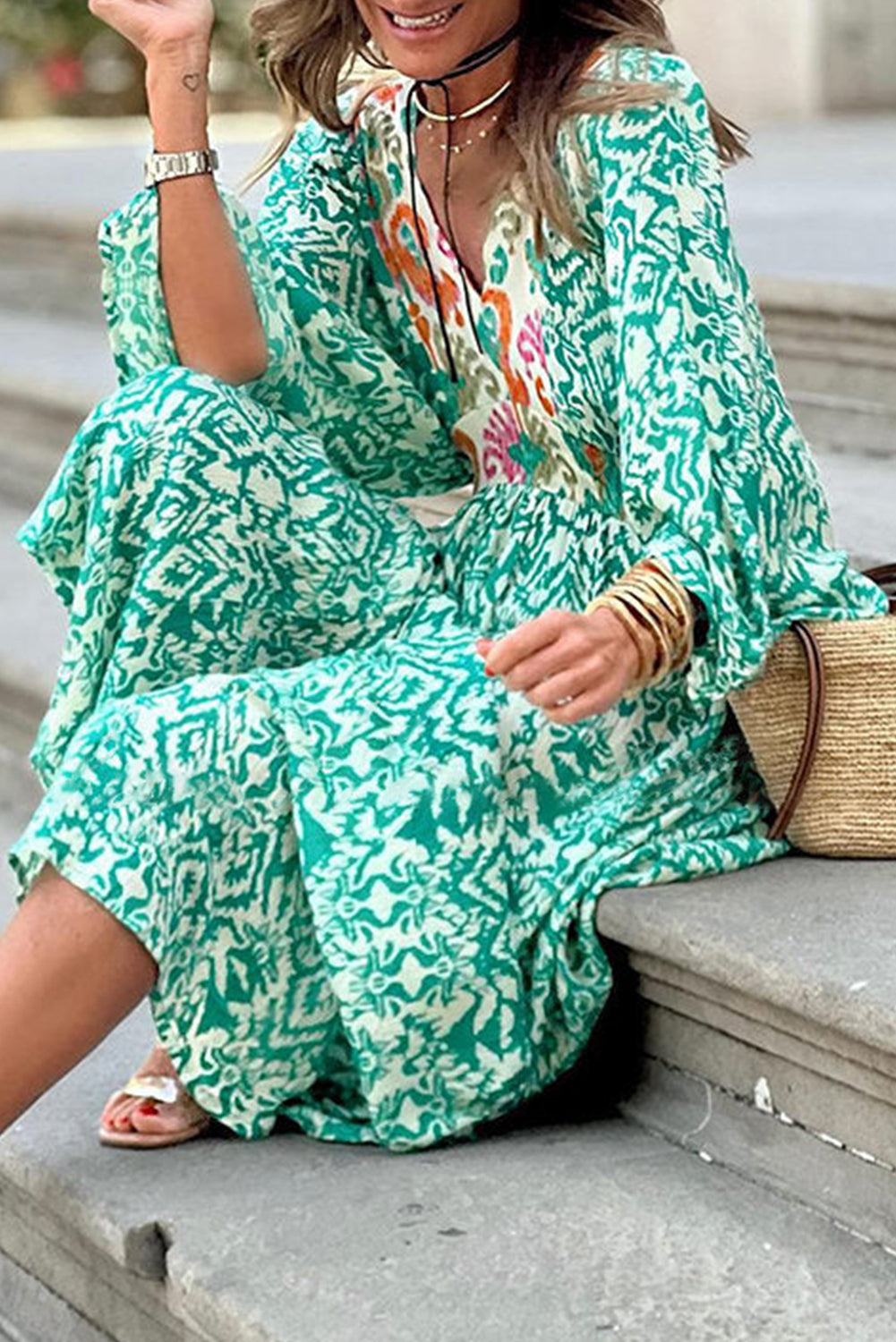 Green Abstract Pattern Print V Neck High Waist Maxi Dress Dresses JT's Designer Fashion