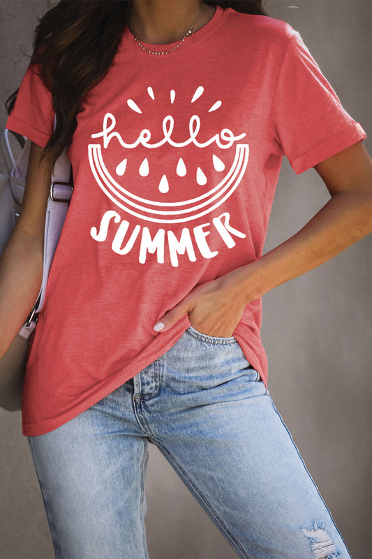Red Hello Summer Print Crew Neck T Shirt Red 95%Polyester+5%Spandex Graphic Tees JT's Designer Fashion