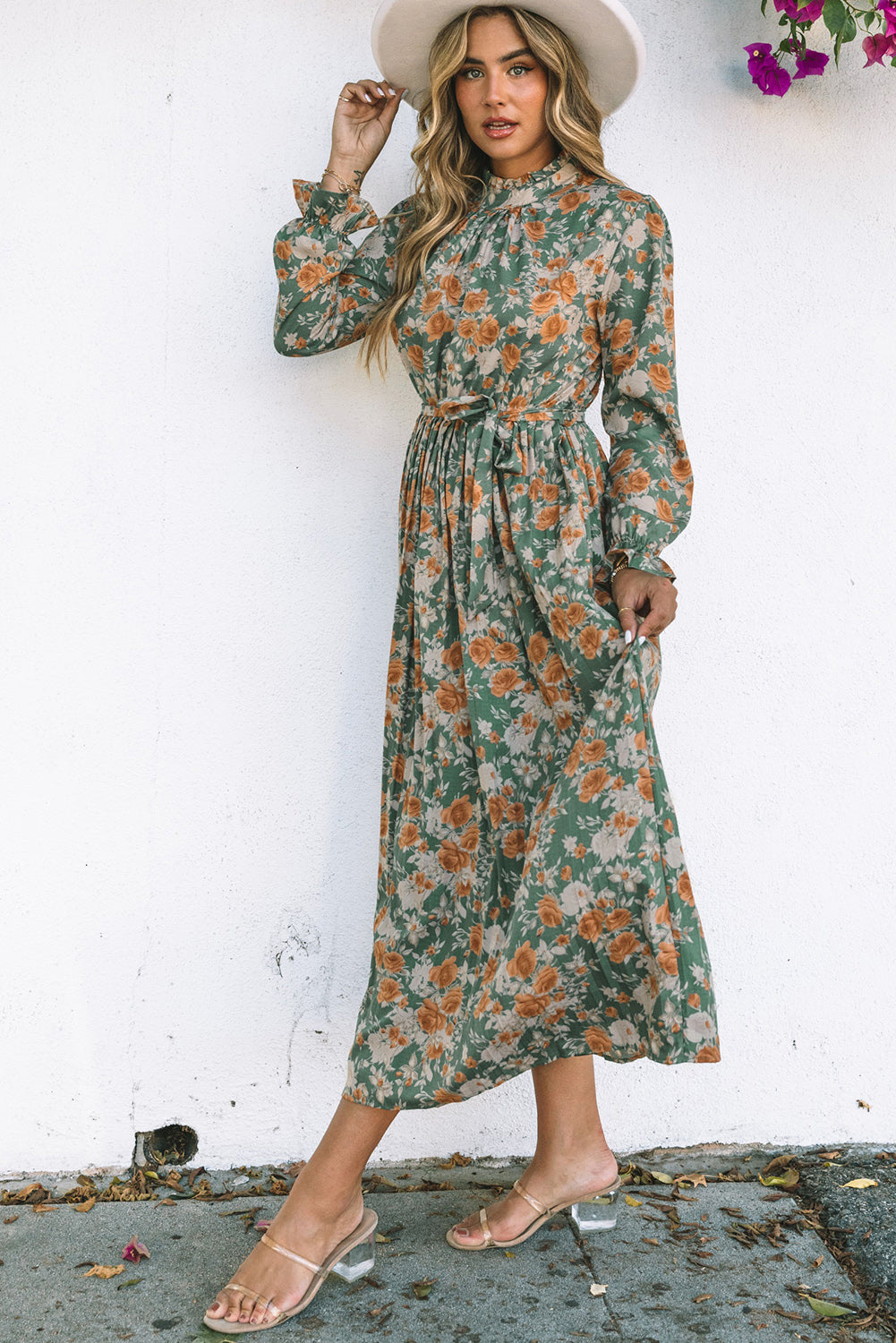 Green Pleated Long Sleeve Maxi Floral Dress with Tie Floral Dresses JT's Designer Fashion