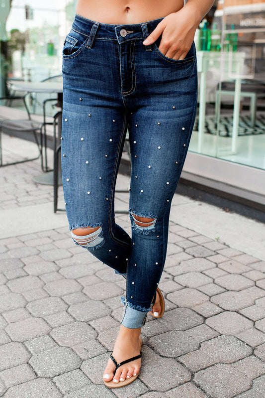 Blue Pearls Ripped Skinny Jeans Blue 70%Cotton+28.5%Polyester+1.5%Elastane Jeans JT's Designer Fashion