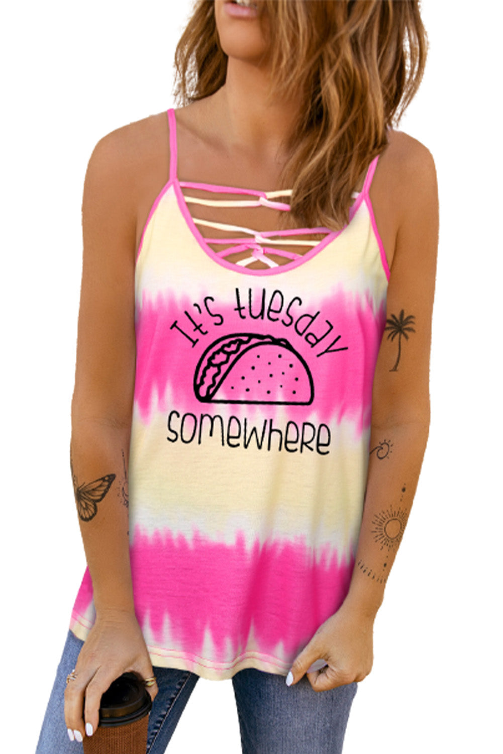Rose It's Tuesday Somewhere Taco Graphic Tie Dye Tank Graphic Tees JT's Designer Fashion