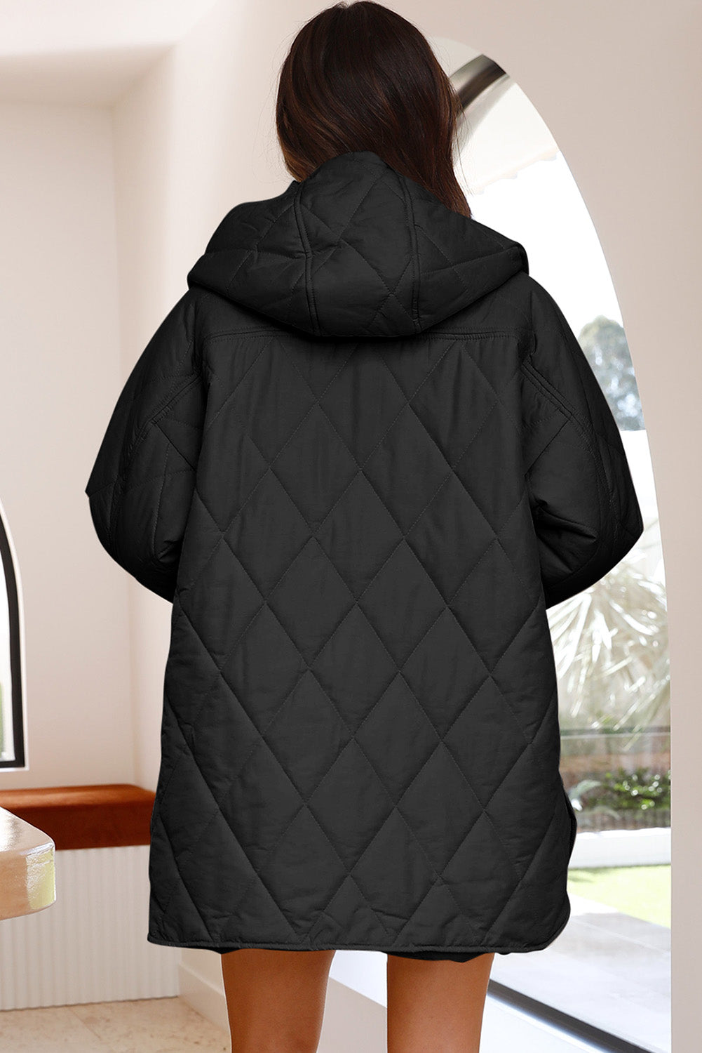 Black Quilted Snap Button Hooded Coat Outerwear JT's Designer Fashion