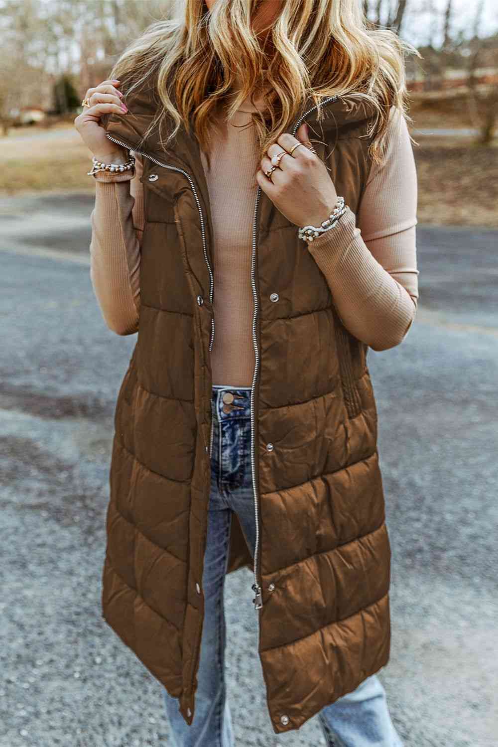 Longline Hooded Sleeveless Puffer Vest Chestnut Coats & Jackets JT's Designer Fashion
