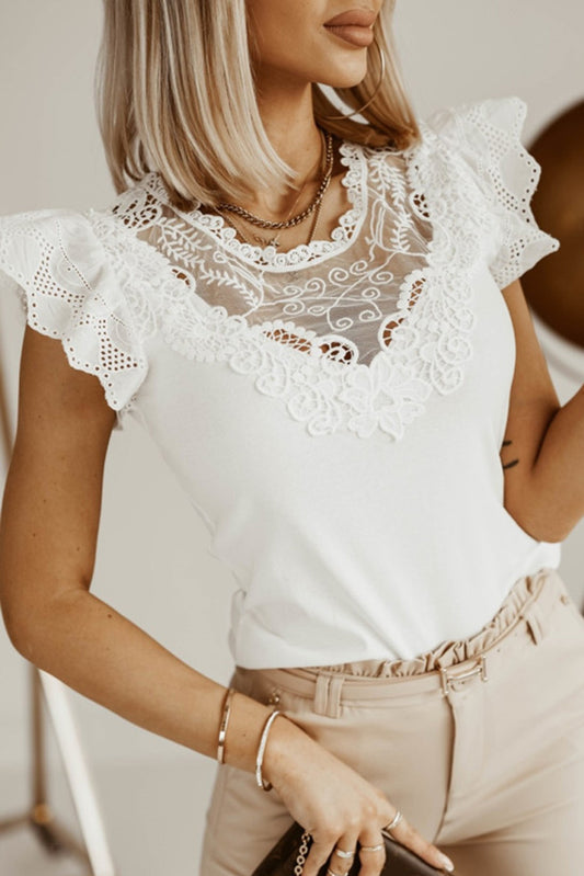 White Lace Splice Ruffle Eyelet Flutter Sleeve Top Tops & Tees JT's Designer Fashion