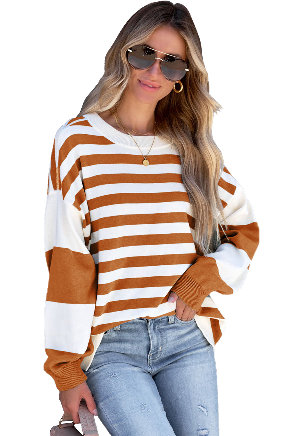 Brown Stripe Drop Shoulder Striped Pullover Sweatshirt Sweatshirts & Hoodies JT's Designer Fashion