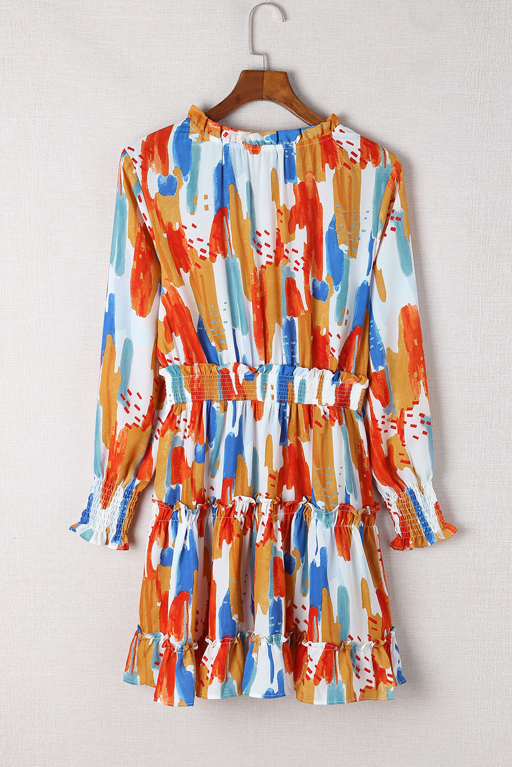 Multicolor Abstract Print V Neck Long Sleeve Tie Waist Mini Dress Dresses JT's Designer Fashion