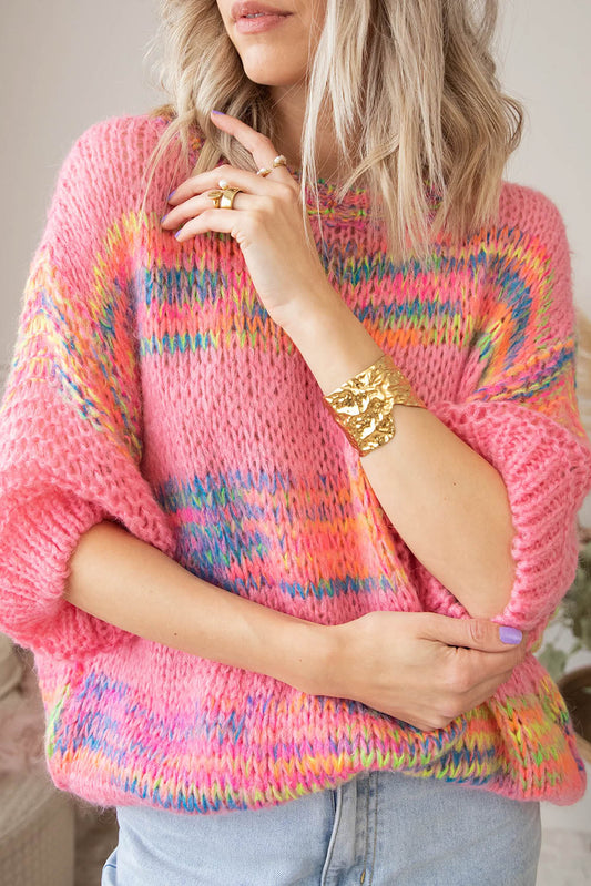 Rose Colorful Stripes 3/4 Sleeve Loose Sweater Pre Order Sweaters & Cardigans JT's Designer Fashion