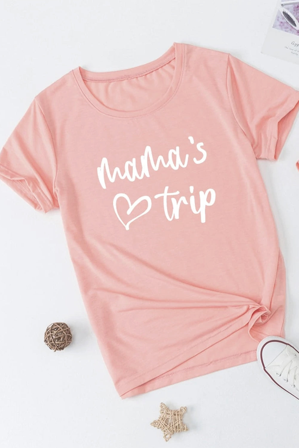 Pink Mama's Trip Heart Print Short Sleeve T Shirt Pink 95%Cotton+5%Elastane Family T-shirts JT's Designer Fashion