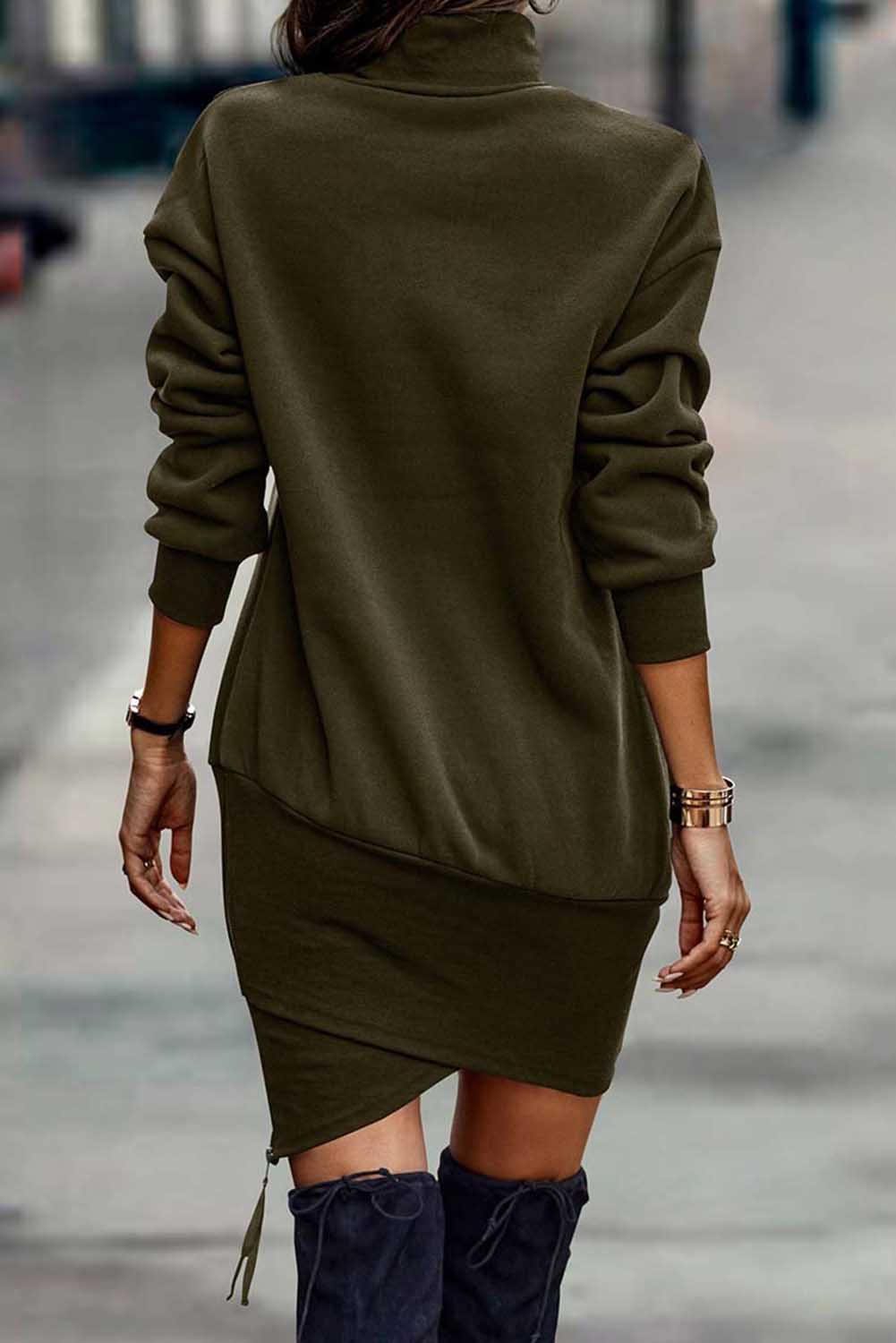 Green High Neck Long Sleeve Wrapped Dress Dresses JT's Designer Fashion