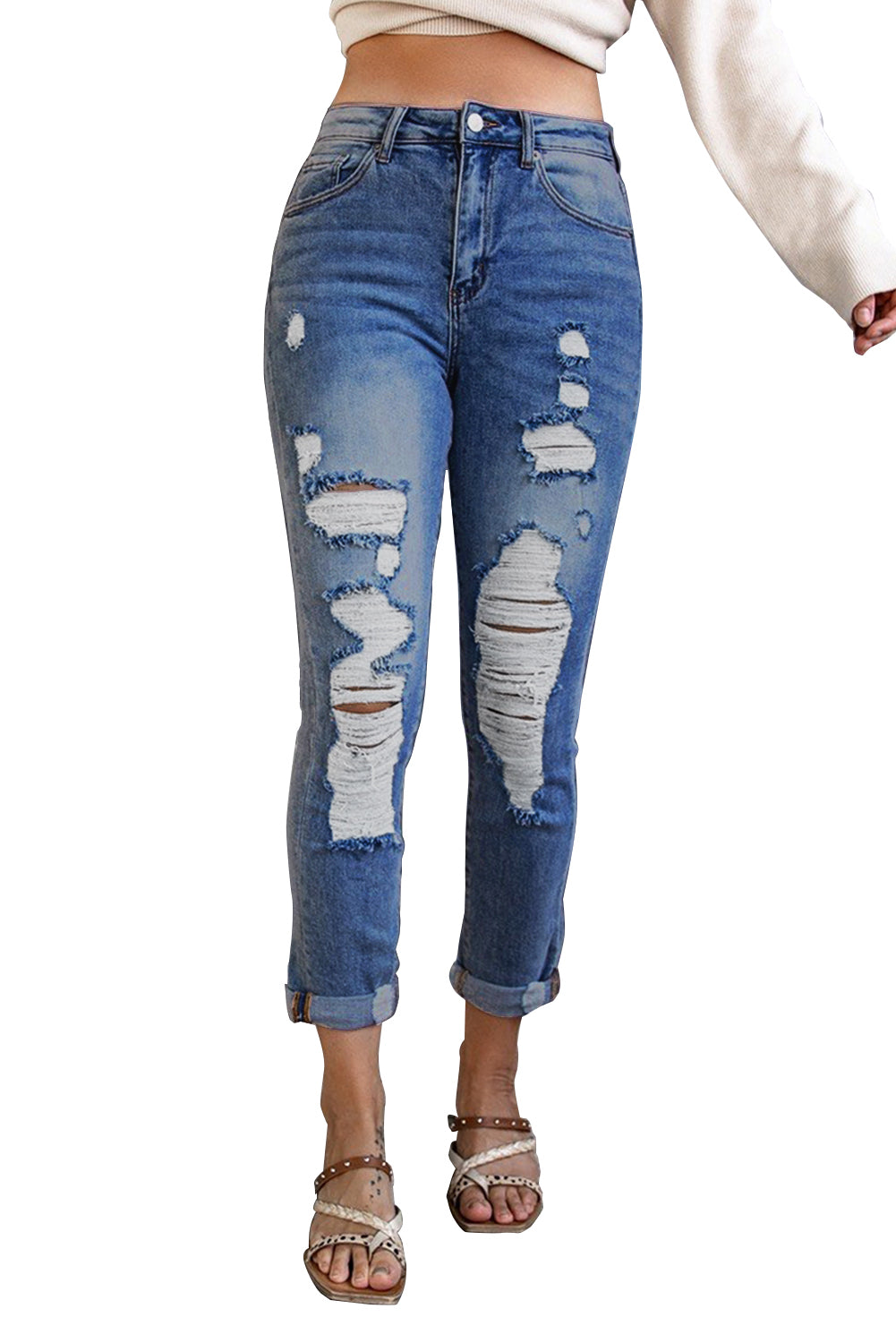Blue High Waist Distressed Skinny Jeans Jeans JT's Designer Fashion