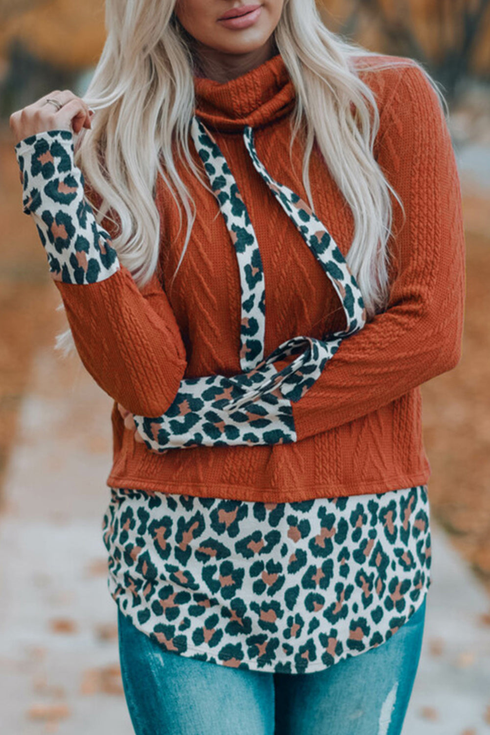 Leopard Patchwork Cowl Neck Knit Top Red 95%Polyester+5%Elastane Long Sleeve Tops JT's Designer Fashion