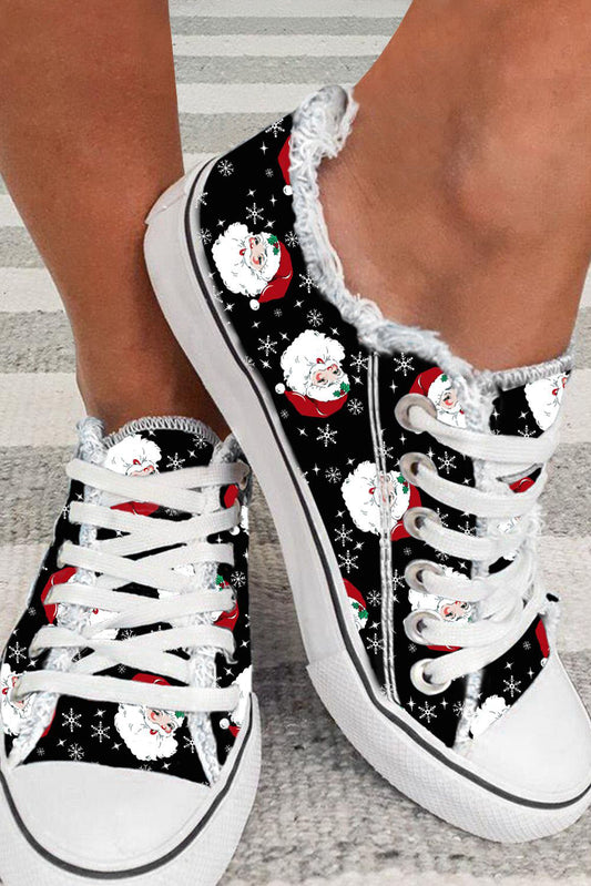 Black Santa Claus Snowflake Print Flat Canvas Shoes Women's Shoes JT's Designer Fashion