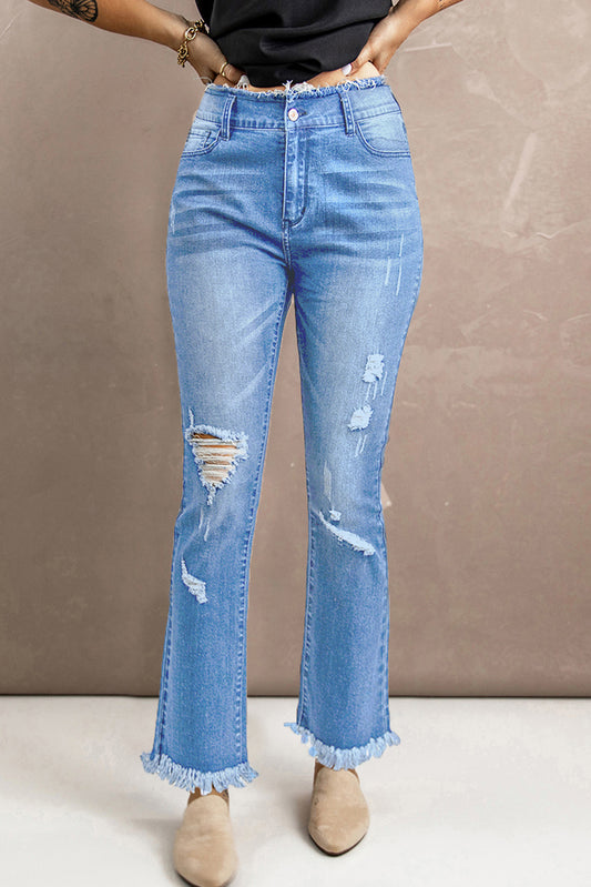 Sky Blue Frayed Ripped High Waist Flare Jeans Sky Blue Jeans JT's Designer Fashion