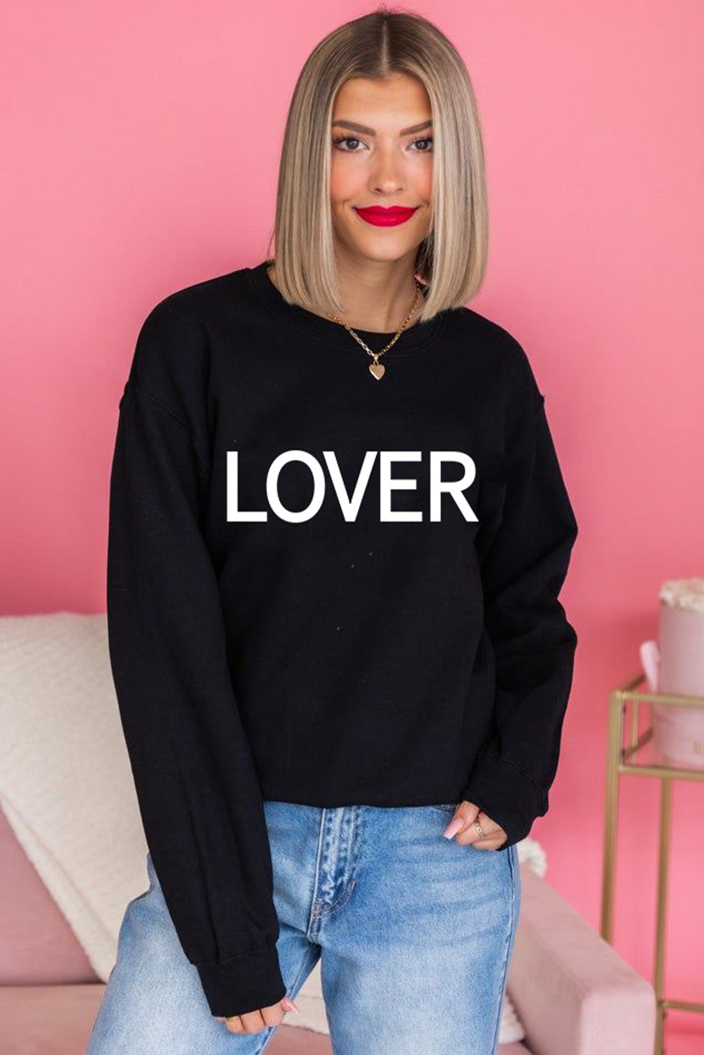 Black LOVER Letter Print Crew Neck Pullover Sweatshirt Graphic Sweatshirts JT's Designer Fashion