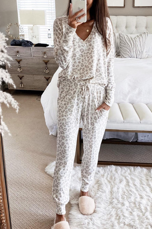 Leopard Long Sleeve Top and Drawstring Pants Lounge Set Loungewear JT's Designer Fashion