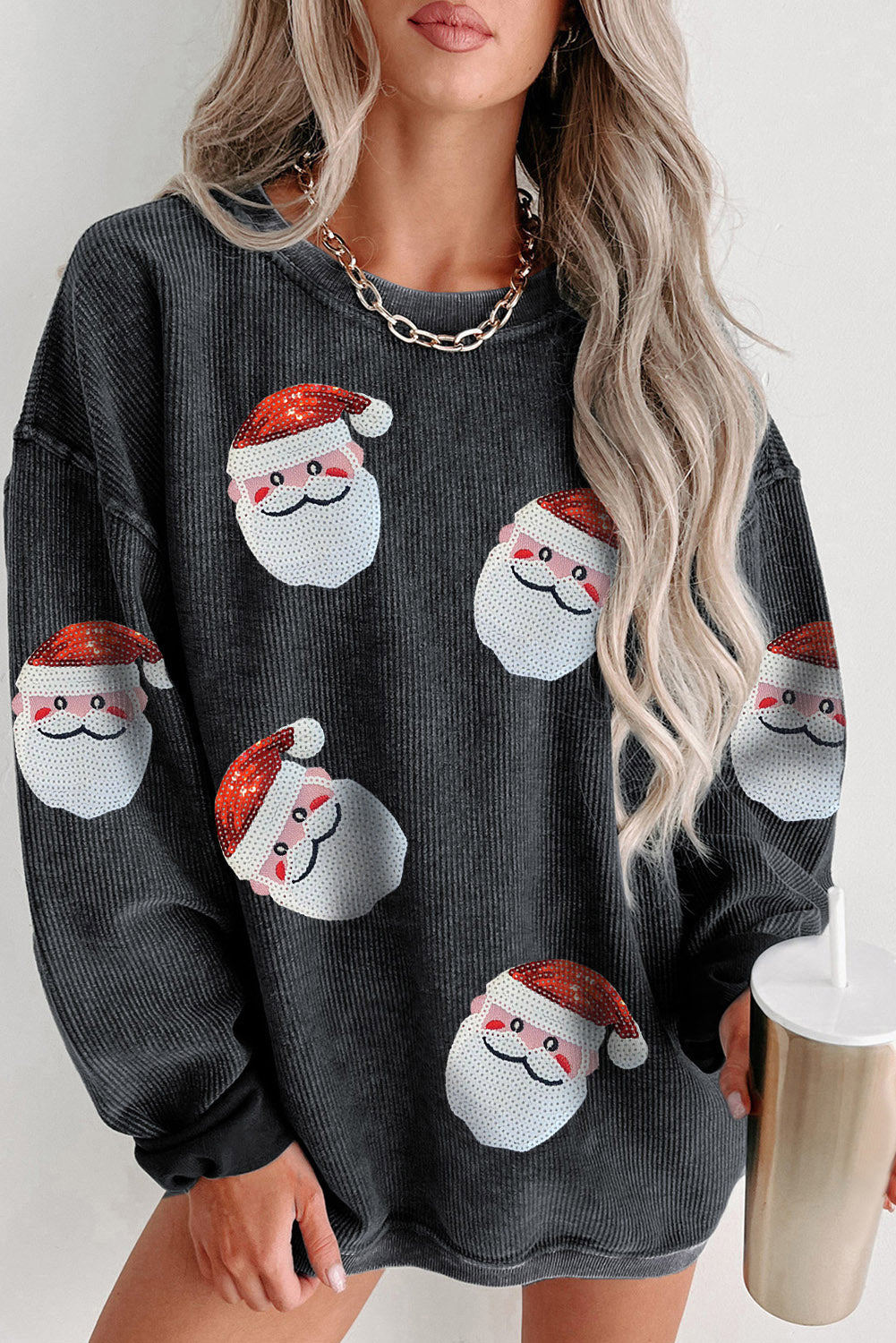 Black Sequined Santa Claus Corded Christmas Sweatshirt Black 100%Polyester Graphic Sweatshirts JT's Designer Fashion