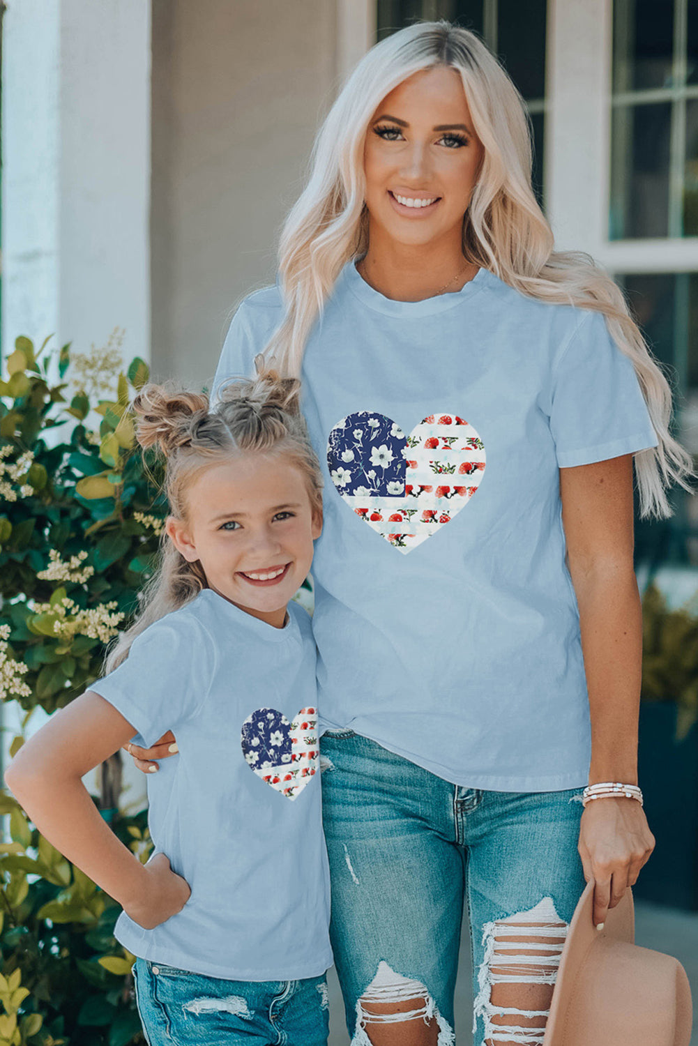 Sky Blue Family Matching American Flag Flower Heart Print Graphic Tee Sky Blue 95%Cotton+5%Elastane Family T-shirts JT's Designer Fashion