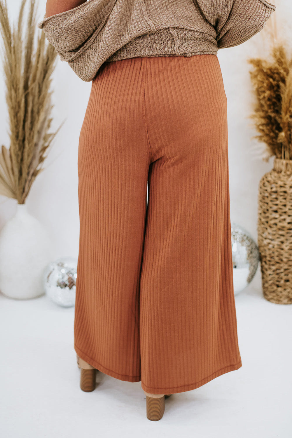 Brown Ribbed Patch Pocket Frill Waist Wide Leg Plus Pants Plus Size JT's Designer Fashion