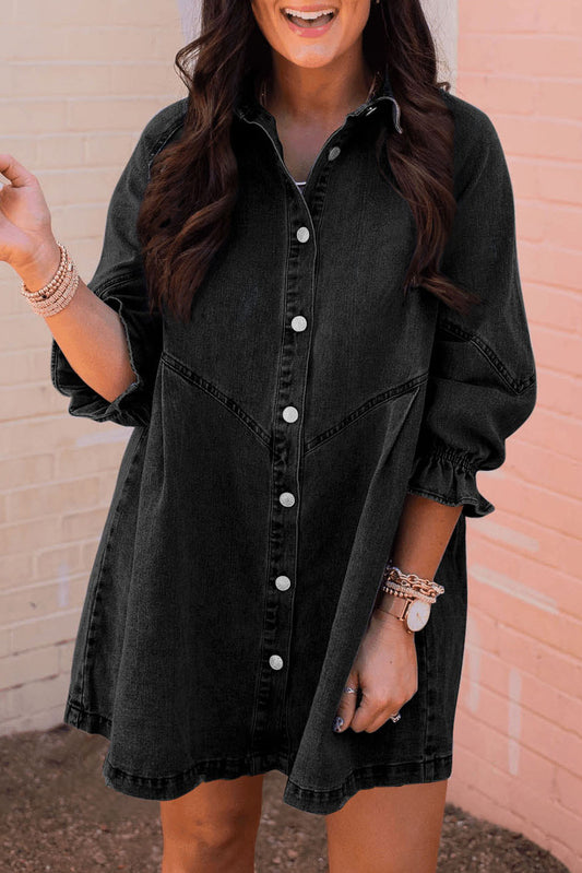 Black Buttoned Long Sleeve Denim Mini Dress Dresses JT's Designer Fashion
