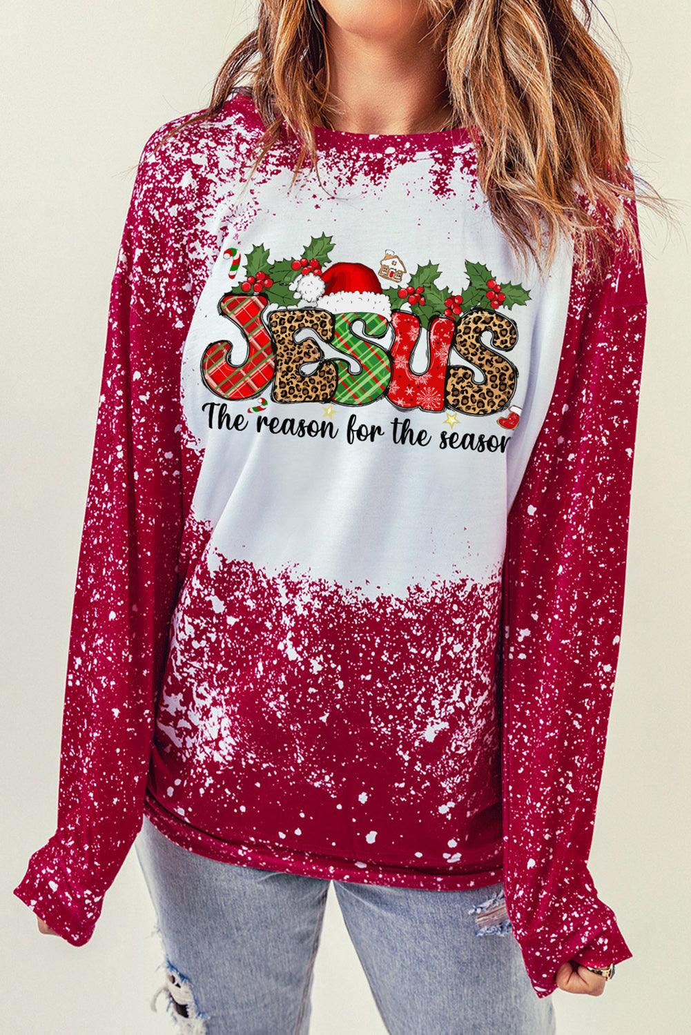 Red Christmas JESUS Monogram Bleached Tie Dye Sweatshirt Graphic Sweatshirts JT's Designer Fashion