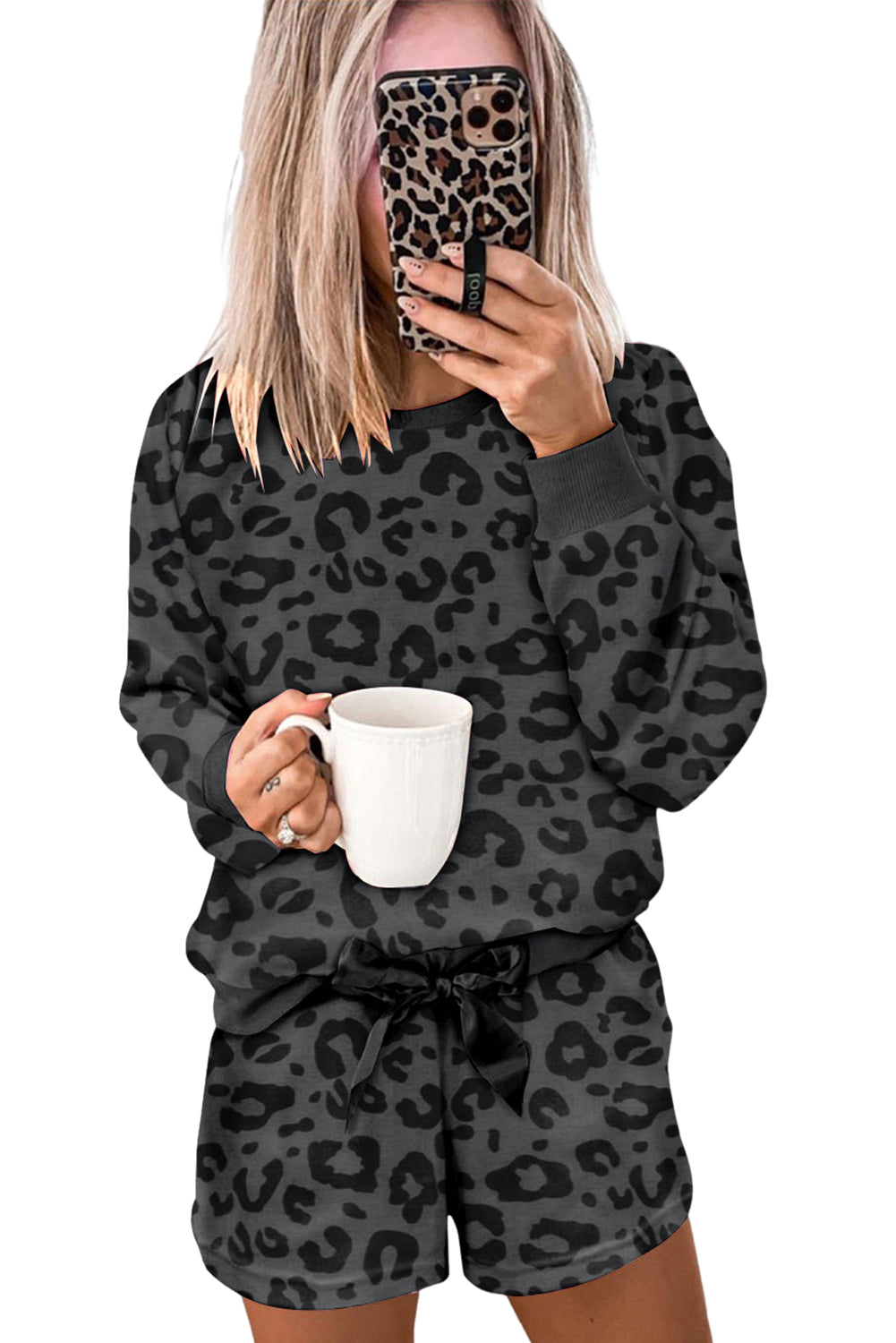 Gray Printed Leopard Long Sleeve Satin Tie Shorts Two Piece Set Loungewear JT's Designer Fashion