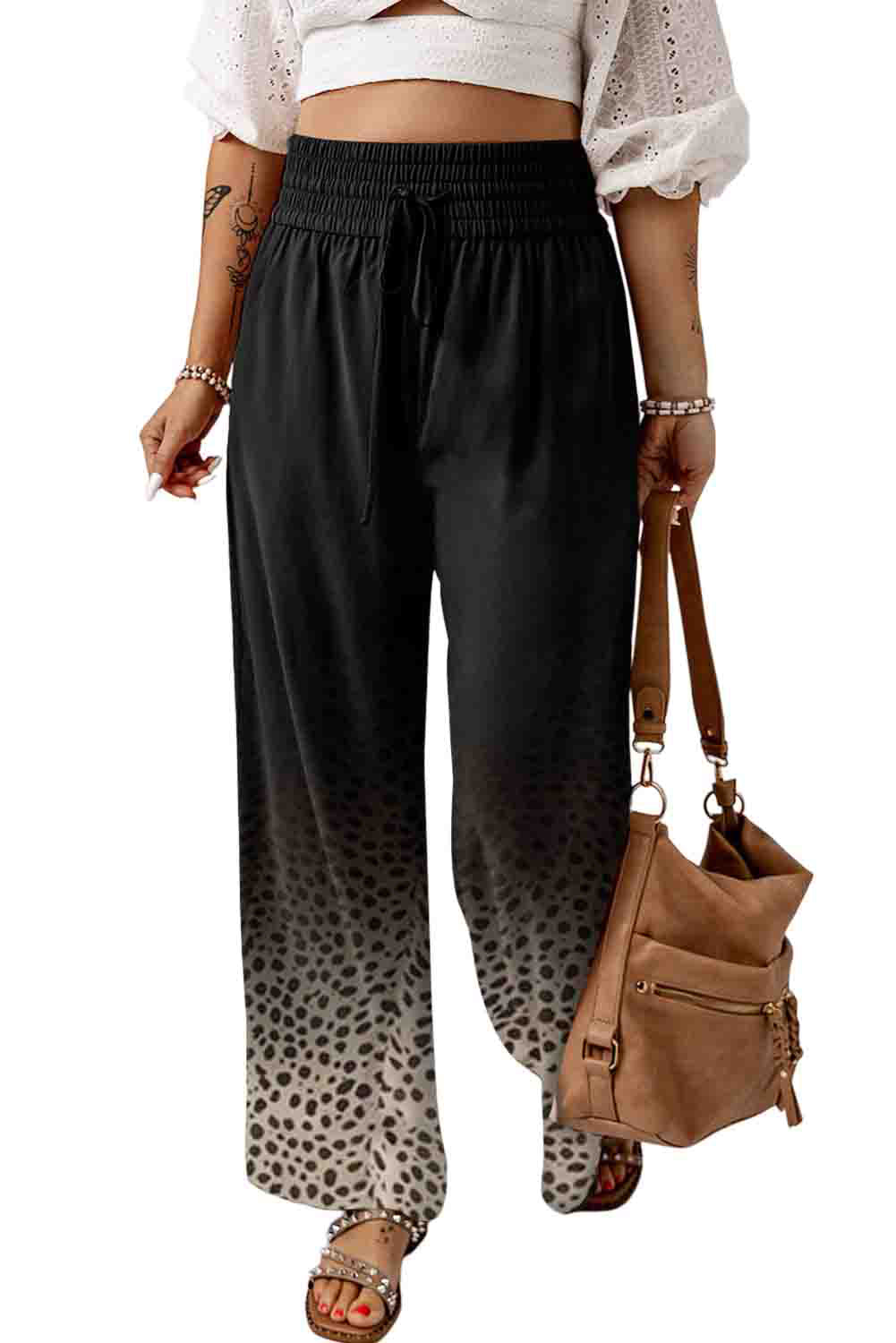 Ombre Leopard Print Smocked High Waist Loose Pants Bottoms JT's Designer Fashion