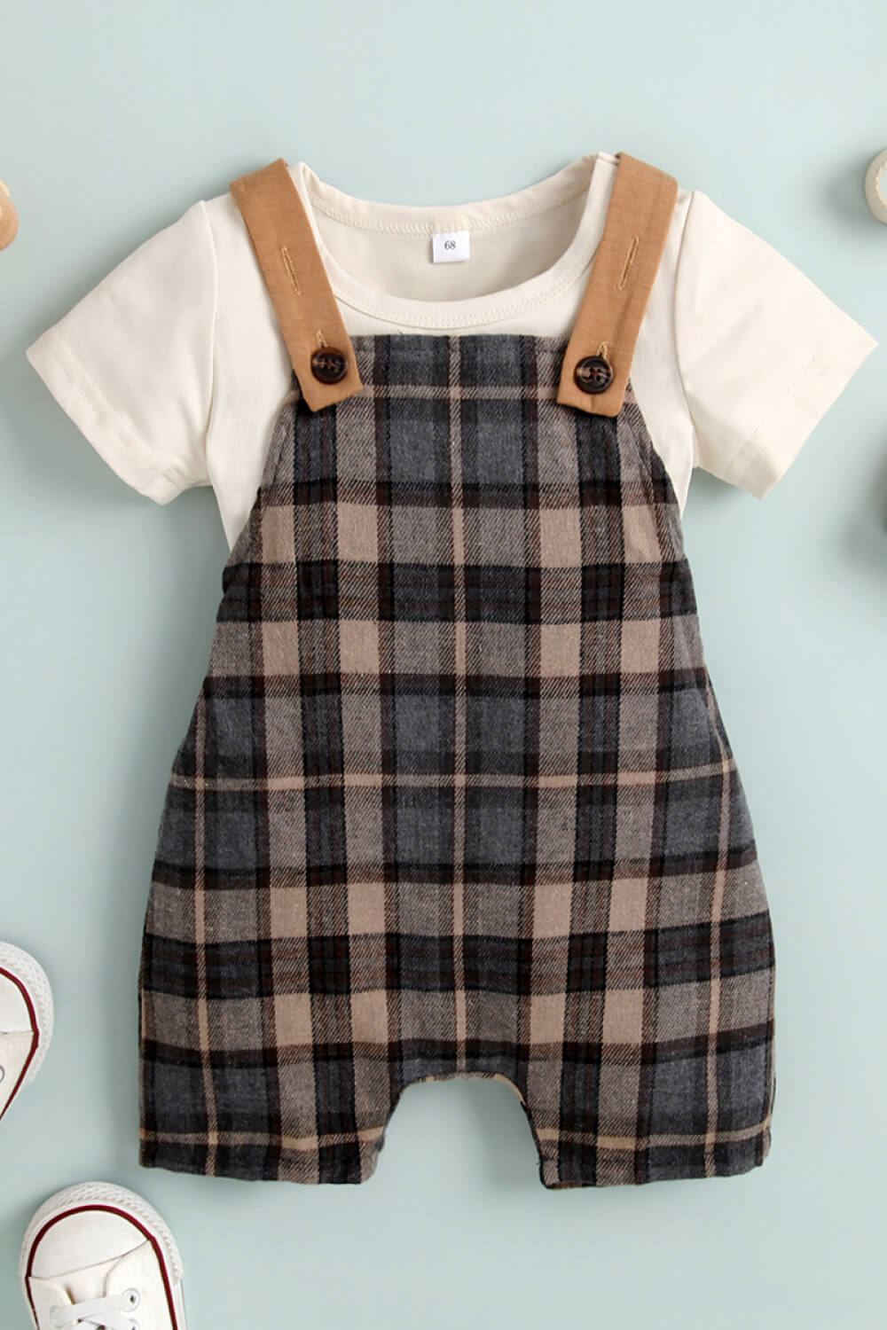 Baby Round Neck Tee and Plaid Overalls Set Baby JT's Designer Fashion