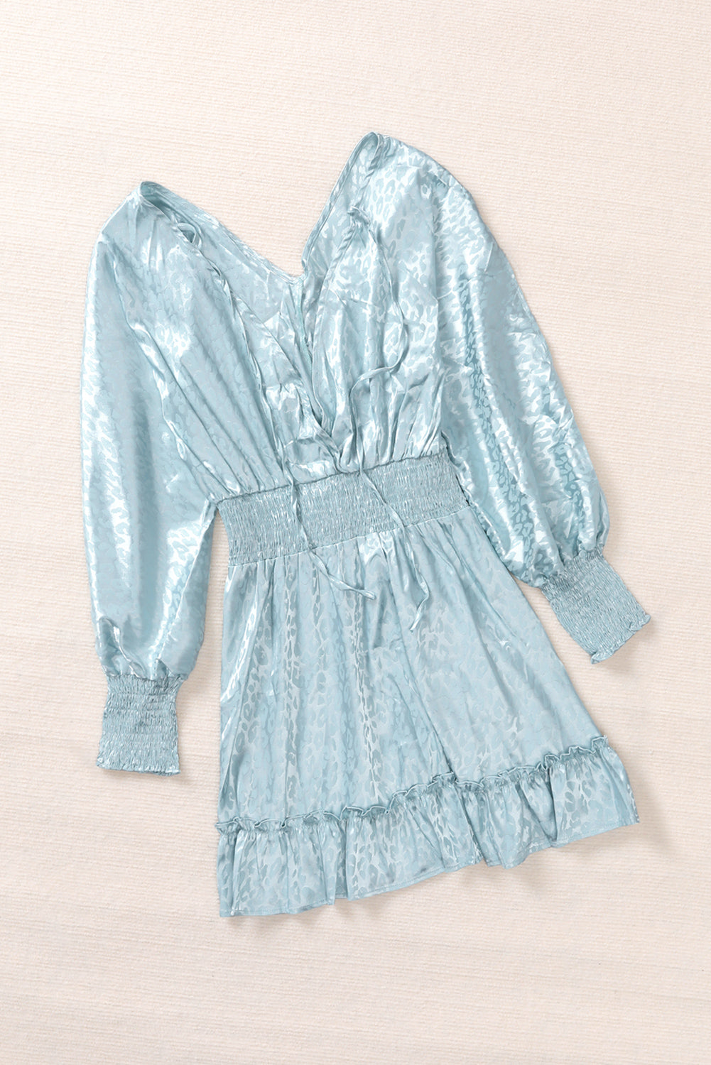 Sky Blue Split Sleeves Smocked Waist Leopard Satin Dress Mini Dresses JT's Designer Fashion