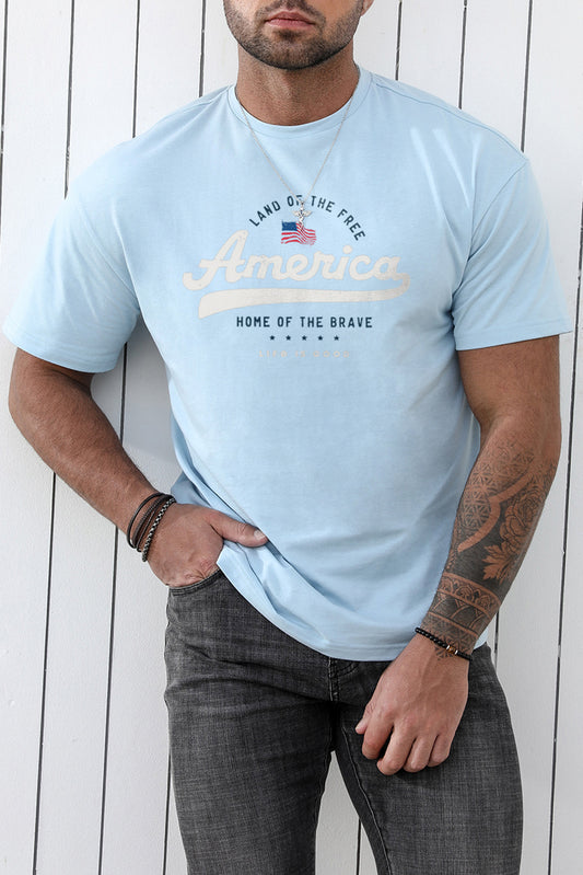 Sky Blue America Flag Positive Slogan Print O-neck Men's Graphic Tee Sky Blue 62%Polyester+32%Cotton+6%Elastane Men's Tops JT's Designer Fashion