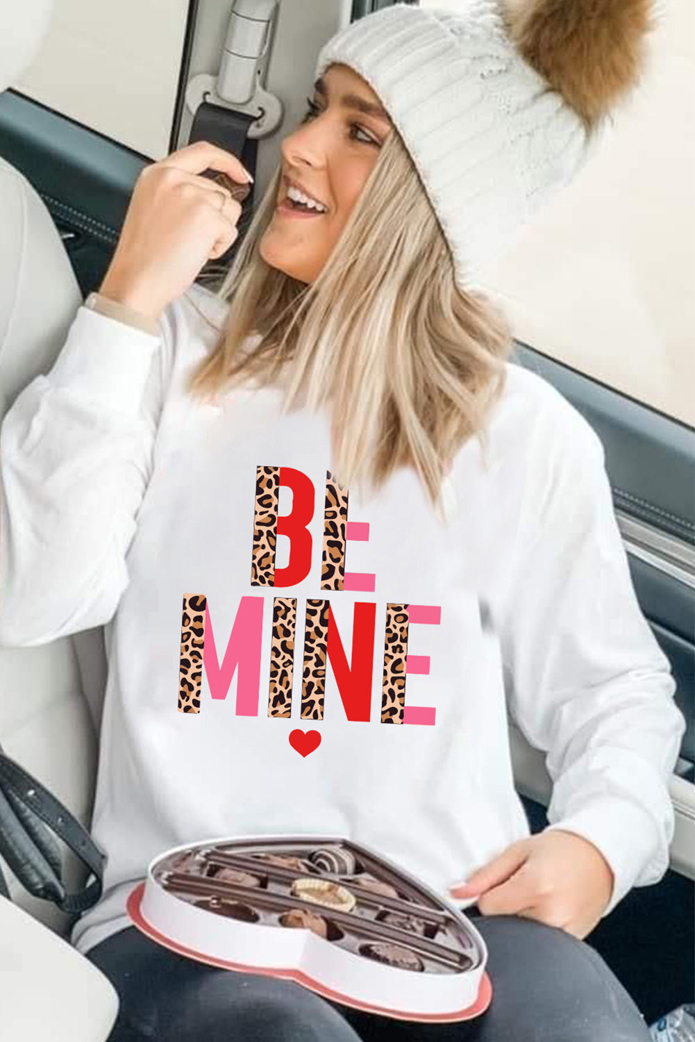 White BE MINE Leopard Heart Print Long Sleeve Sweatshirt Graphic Sweatshirts JT's Designer Fashion