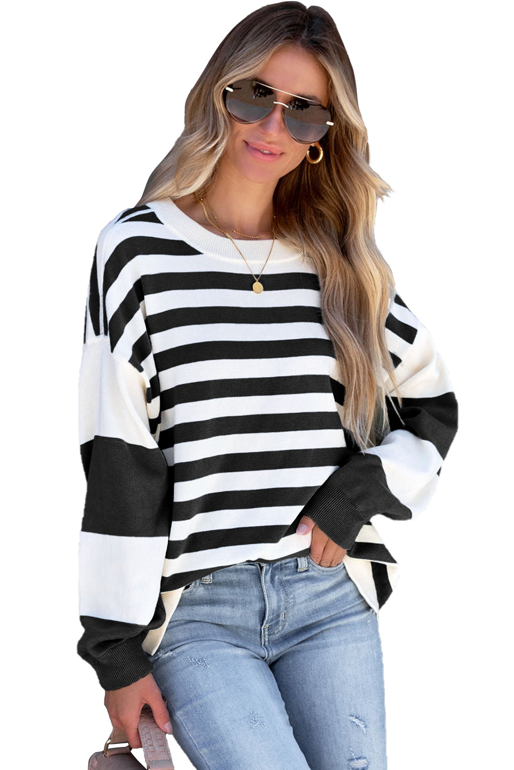 Black Stripe Drop Shoulder Striped Pullover Sweatshirt Sweatshirts & Hoodies JT's Designer Fashion