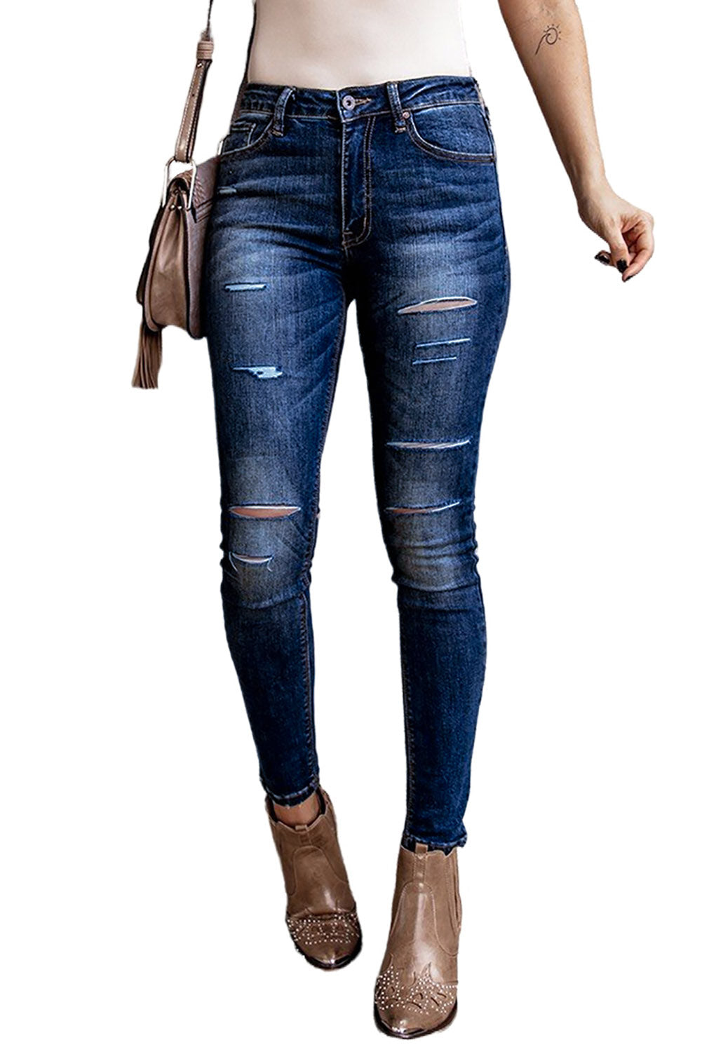 Blue Blue Ripped High Rise Ankle Length Skinny Jeans Jeans JT's Designer Fashion