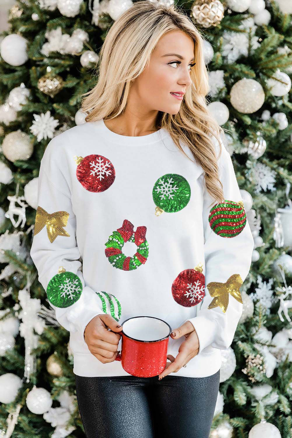 White Sequined Christmas Graphic Pullover Sweatshirt Graphic Sweatshirts JT's Designer Fashion