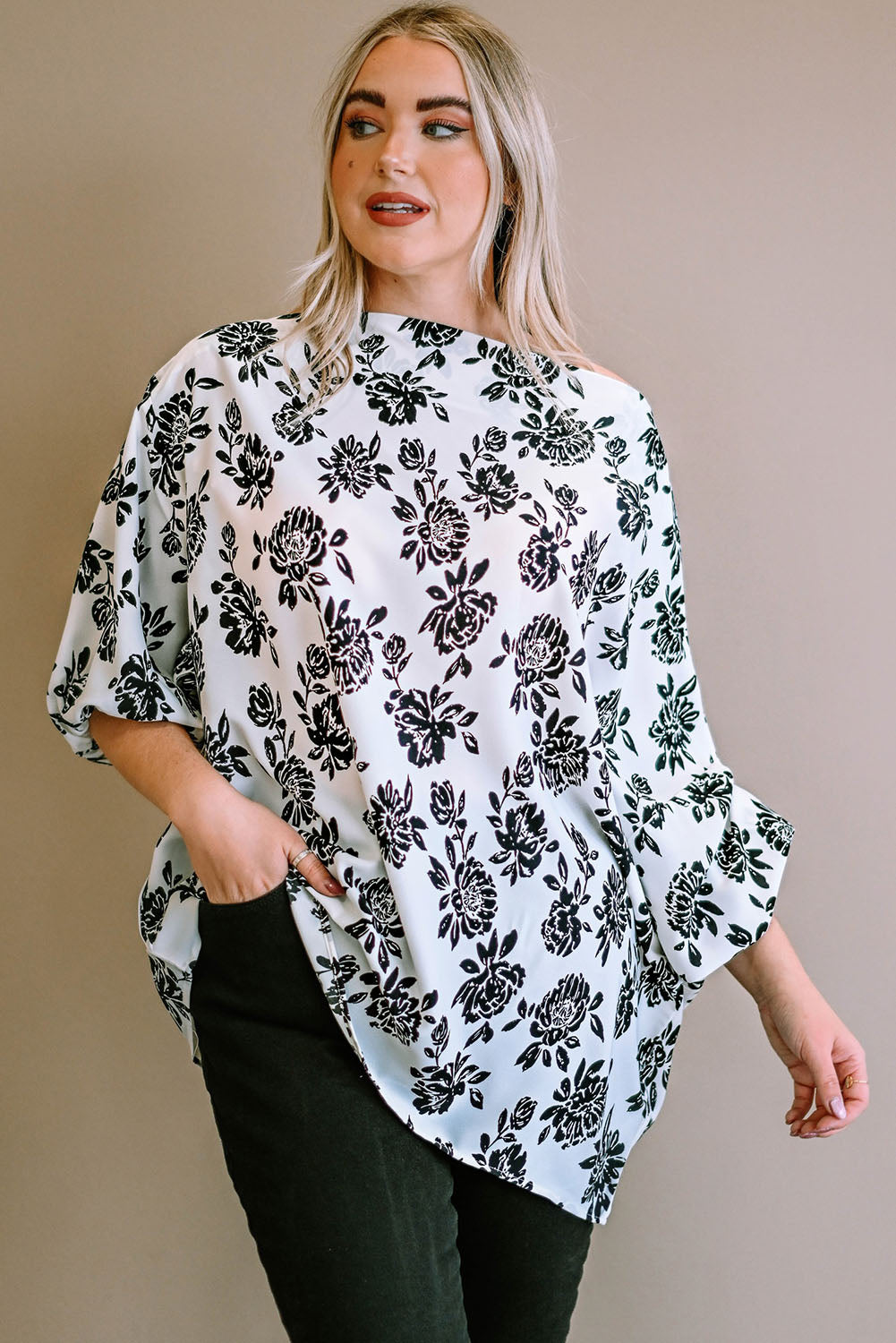 White Opposites Attract Boat Neck Floral Dolman Sleeve Top Plus Size Tops JT's Designer Fashion