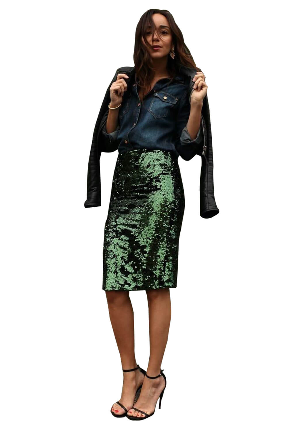 Green Glitter Me Crushed Sequin Pencil Skirt Green 95%polyester + 5%spandex Sequin Dresses JT's Designer Fashion