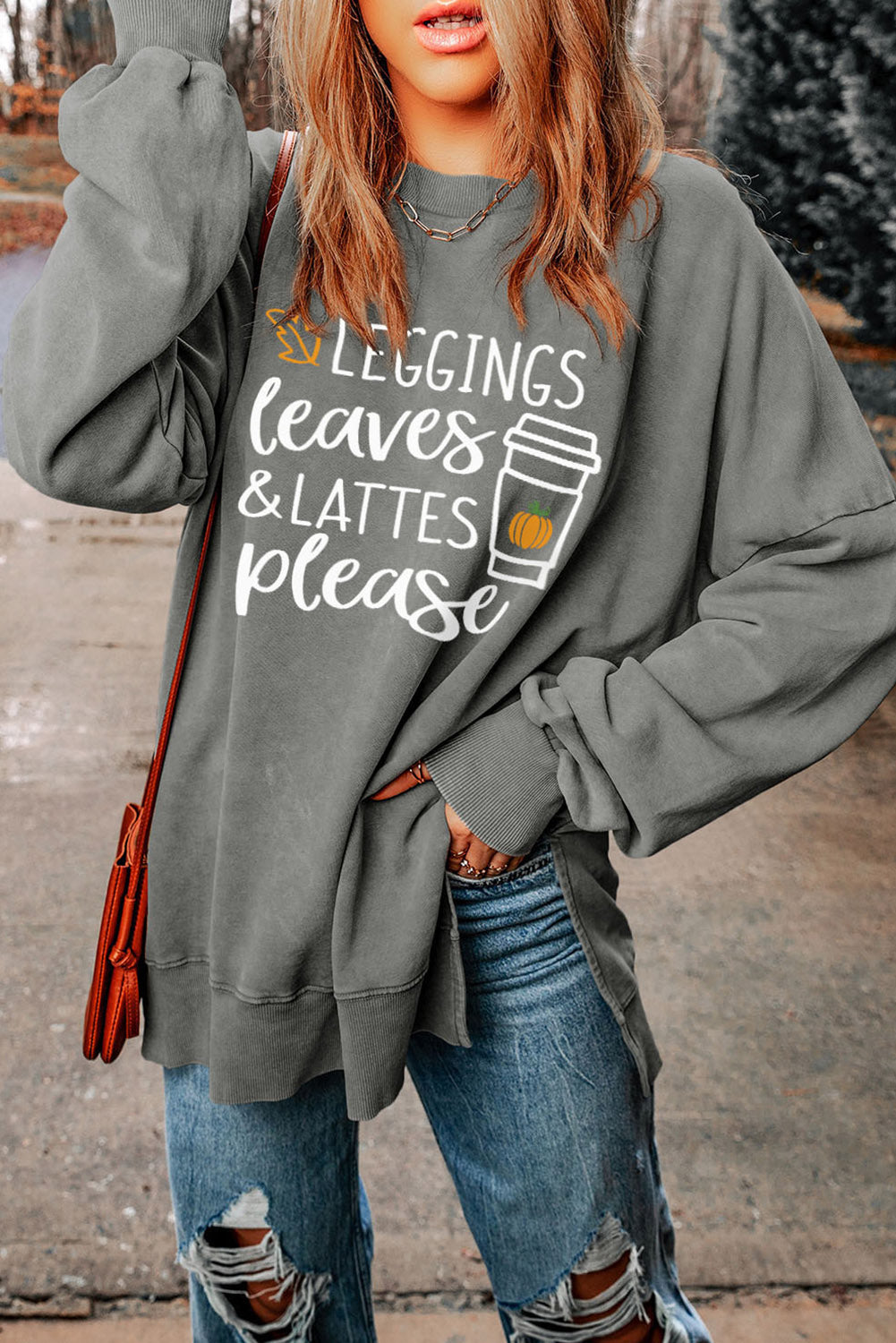 Gray Slogan Print Side Split Oversized Sweatshirt Graphic Sweatshirts JT's Designer Fashion