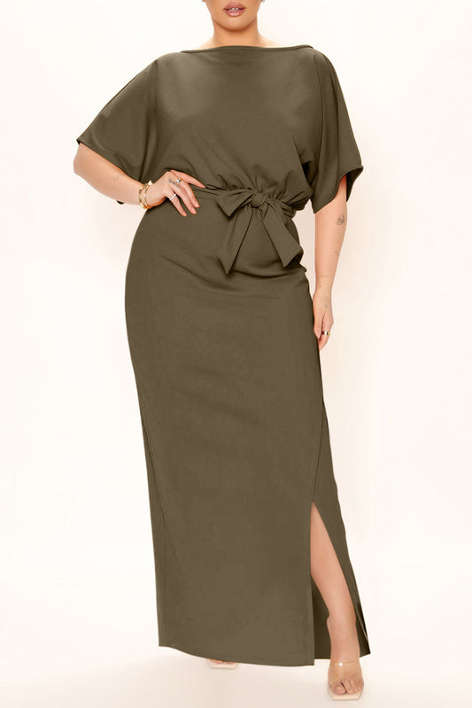 Green Belted High Waist Side Slit Plus Size Maxi Dress Plus Size Dresses JT's Designer Fashion