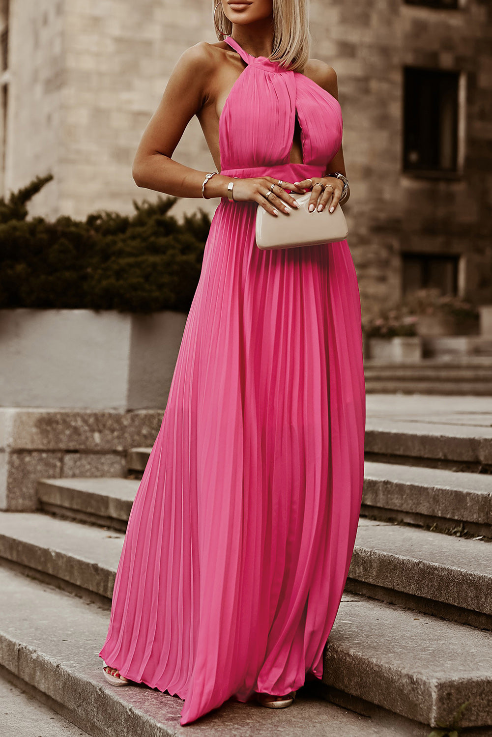 Rose Pink Halter Sleeveless Open Back Pleated Maxi Dress Rose 100%Polyester Evening Dresses JT's Designer Fashion
