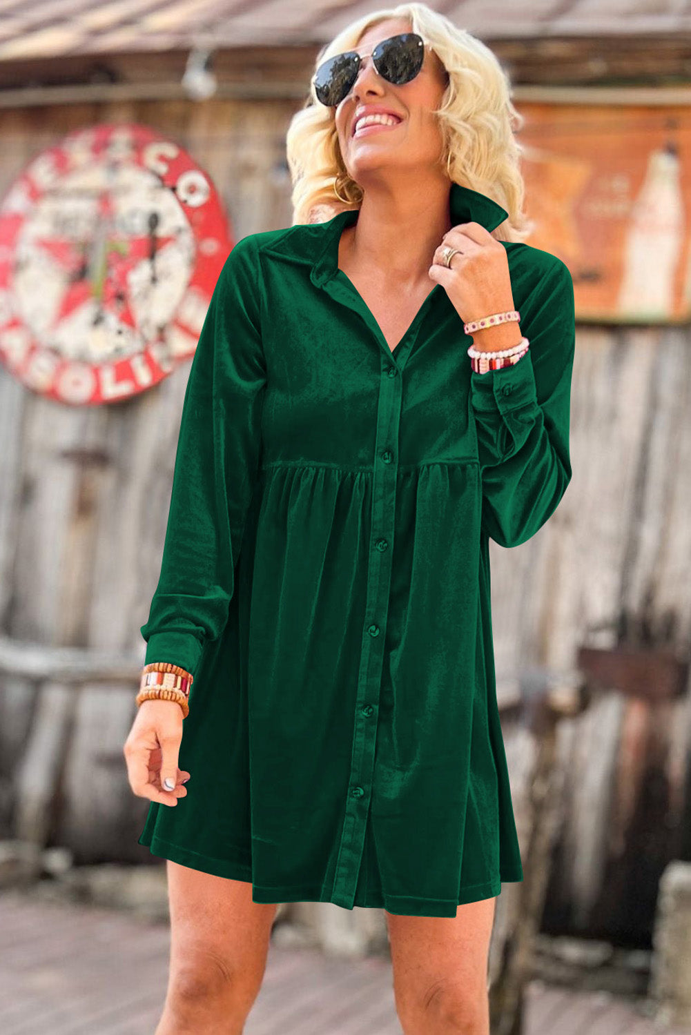 Green Long Sleeve Ruffle Velvet Button Up Dress Dresses JT's Designer Fashion