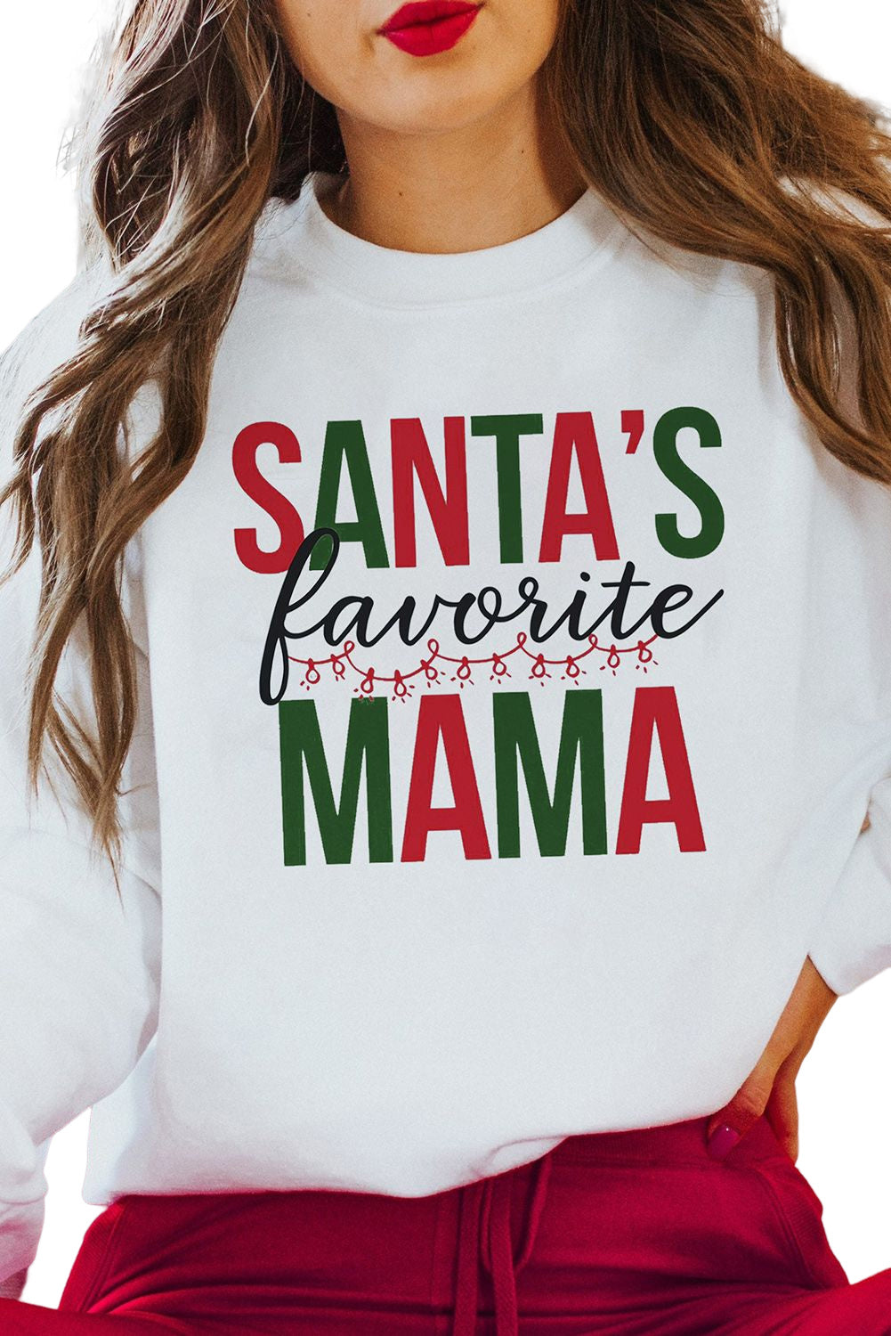 White Santa's Favorite Mama Long Sleeve Sweatshirt Graphic Sweatshirts JT's Designer Fashion