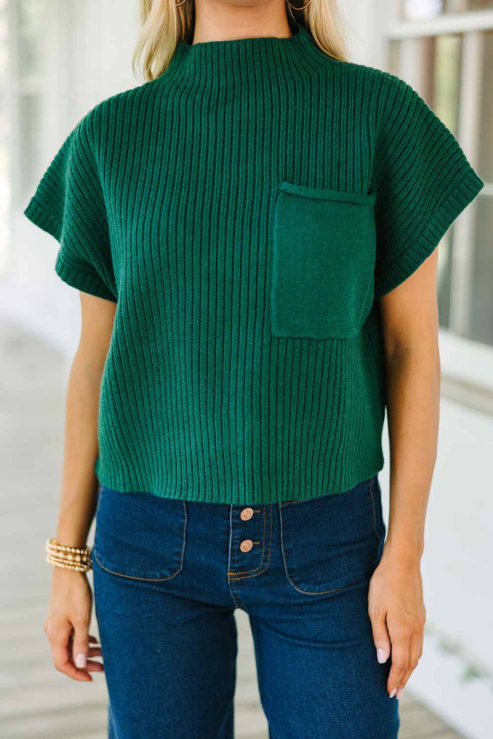 Blackish Green Patch Pocket Ribbed Knit Short Sleeve Sweater Pre Order Sweaters & Cardigans JT's Designer Fashion