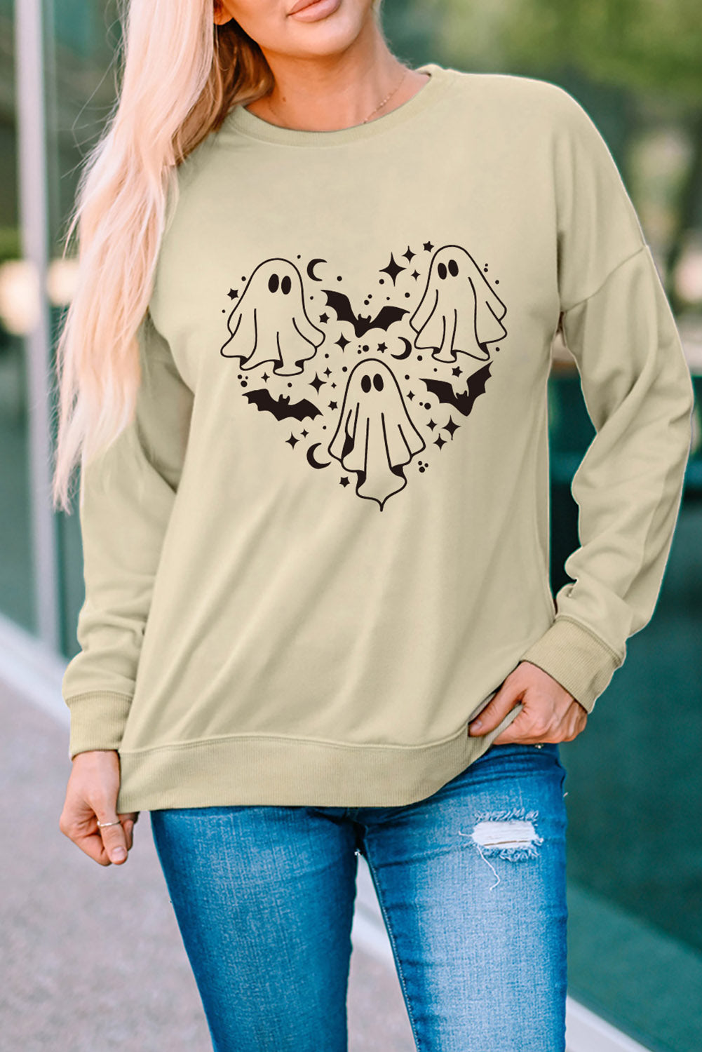 Khaki Halloween Ghosts and Bats Heart-shaped Graphic Sweatshirt Graphic Sweatshirts JT's Designer Fashion