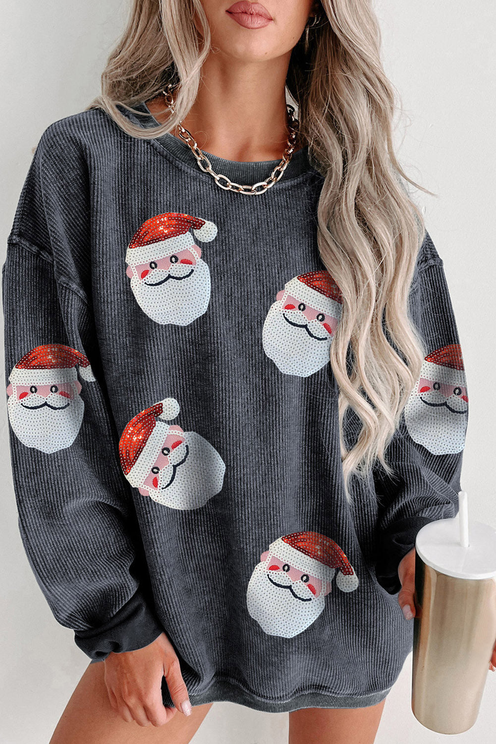 Gray Sequined Santa Claus Corded Christmas Sweatshirt Gray 100%Polyester Graphic Sweatshirts JT's Designer Fashion