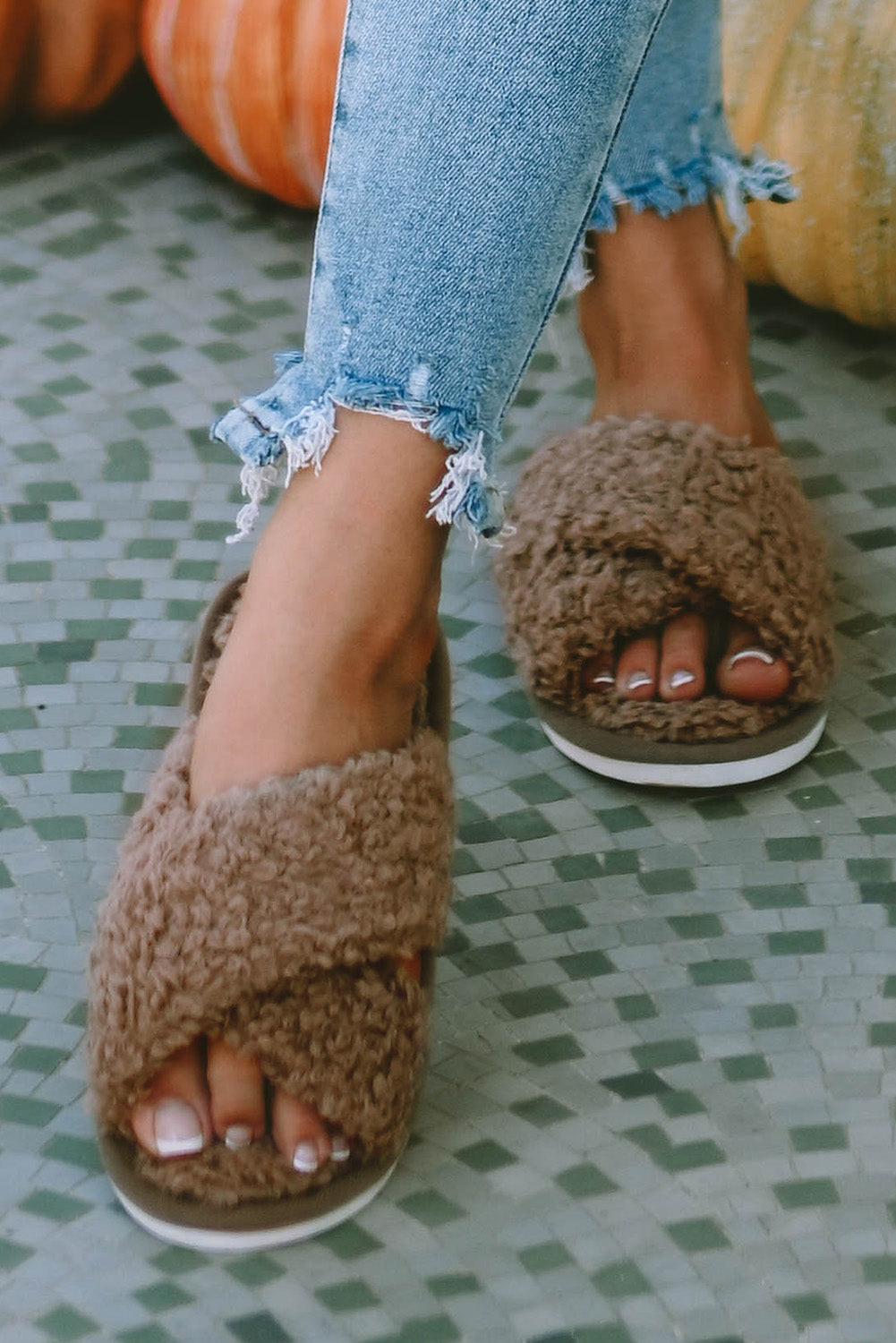 Brown Teddy Fur Cross Straps Home Slippers Slippers JT's Designer Fashion
