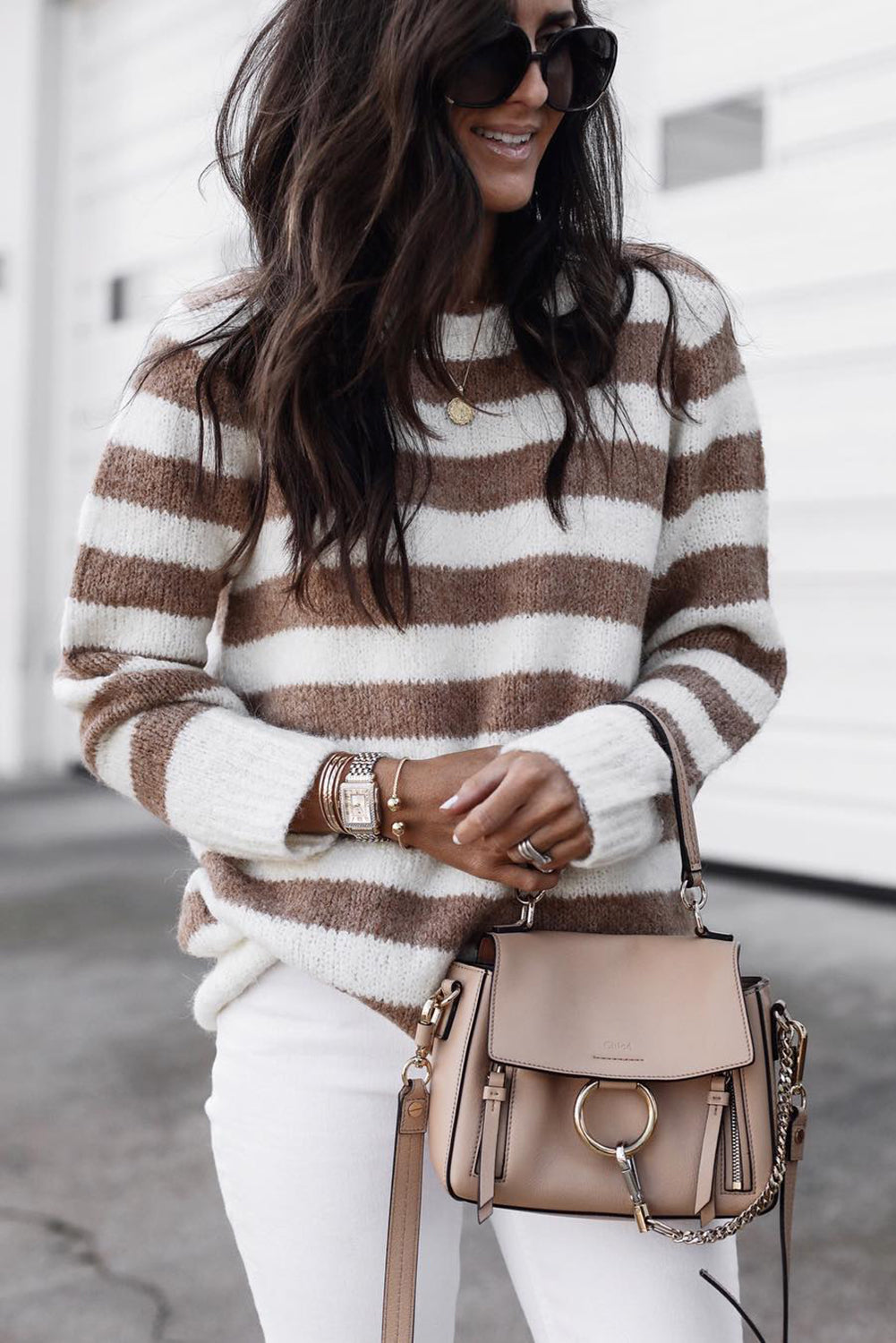 Brown Striped Long Sleeve Casual Sweater Pre Order Sweaters & Cardigans JT's Designer Fashion